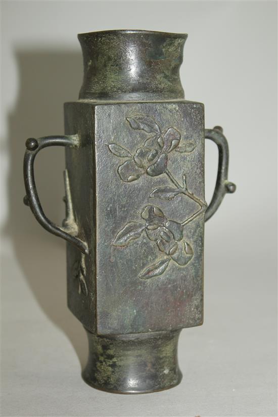 A Chinese bronze cong vessel, 17th / 18th century, 17.5cm, some damage